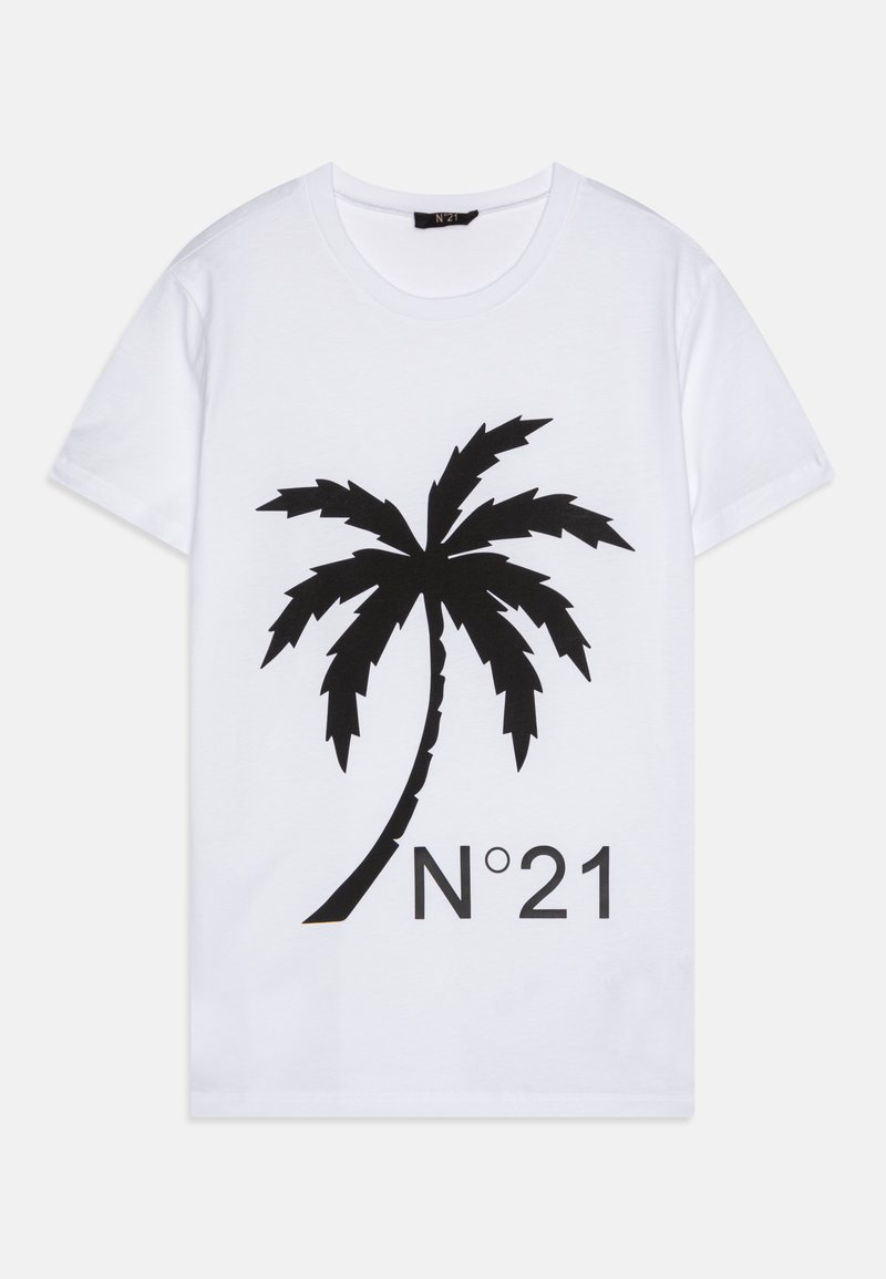 Camiseta branca de algodão com um gráfico de palmeira preta e o texto "N°21". Manga curta e um design clássico de decote redondo.