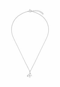 Collana d'argento con una delicata catena e un ciondolo a forma di farfalla che presenta due piccole gemme in un design minimalista.