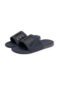 Navy blue slide sandals with a smooth rubber upper featuring large black letters "UBTA." Textured footbed for comfort. Flat sole.