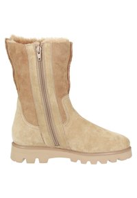 Botte mi-mollet en daim beige avec fermeture éclair sur le côté, doublure en fourrure douce et semelle en caoutchouc robuste pour l'hiver.