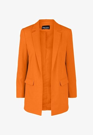 Oranger Blazer mit strukturierter Gestaltung, einreihigem Frontverschluss, zwei Fronttaschen und abgeschrägten Revers. Hergestellt aus glattem Stoff.