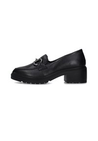 Scarpe con tacco a blocco in pelle nera, con punta rotonda, dotate di una fascia decorativa e dettaglio della fibbia, suola texture per una migliore aderenza.