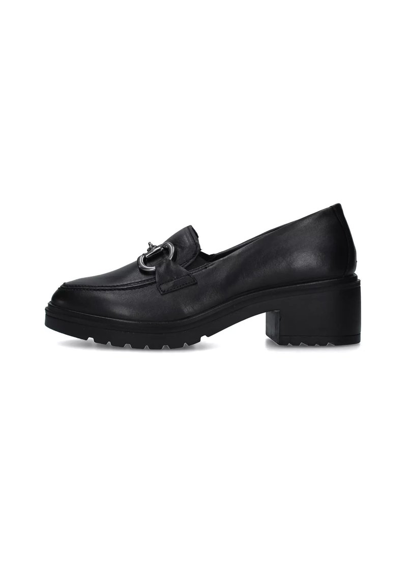 Scarpe con tacco a blocco in pelle nera, con punta rotonda, dotate di una fascia decorativa e dettaglio della fibbia, suola texture per una migliore aderenza.