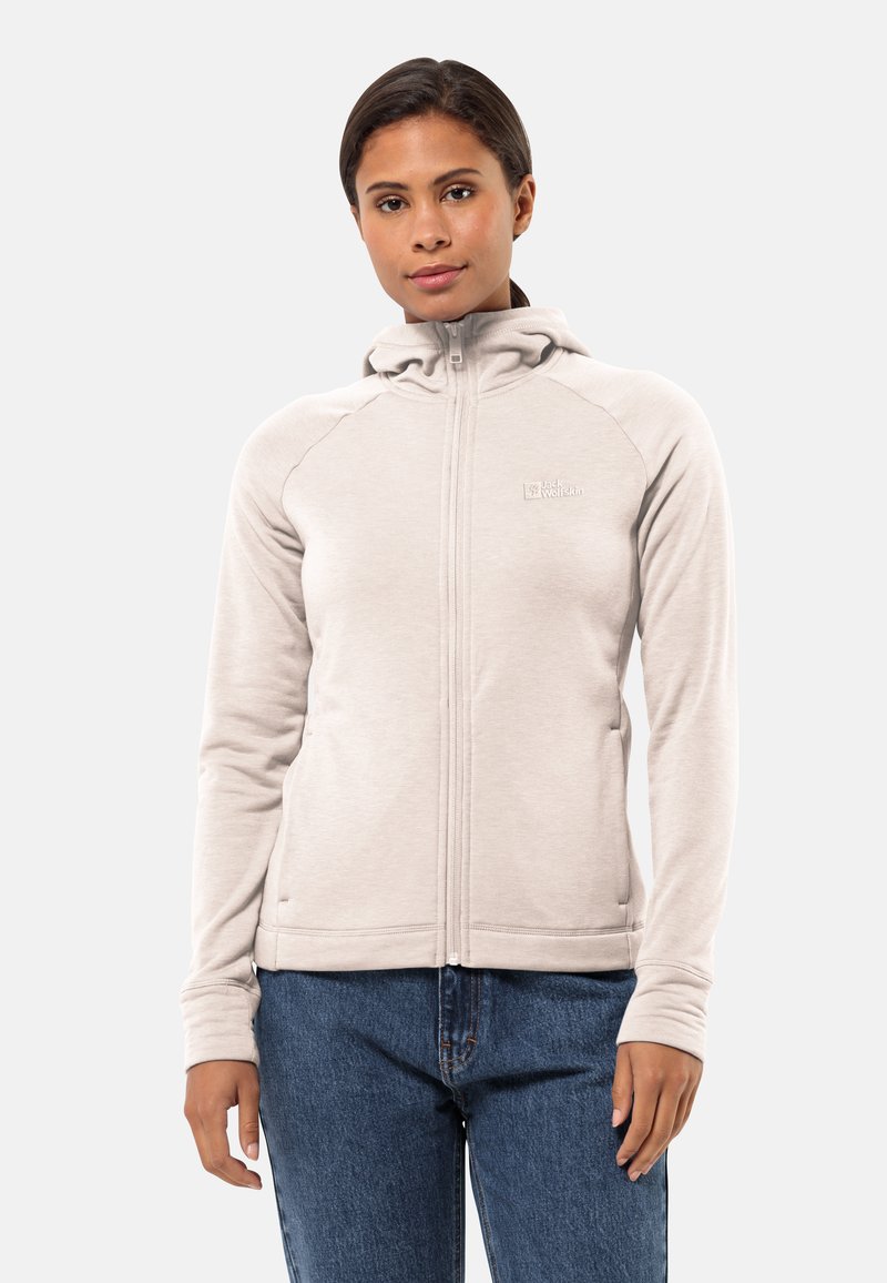 Lichtgrijze fleece hoodie met een hoge kraag, ritssluiting en raglanmouwen; heeft een klein logo op de linkerkant van de borst.
