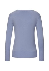 Helles blaues Langarmshirt mit rundem Halsausschnitt. Mit ribbeltem Saum und Bündchen, aus glattem, weichem Stoff gefertigt.