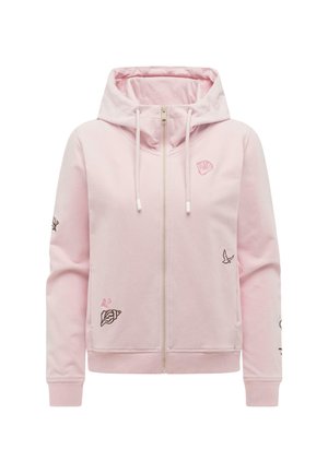 Hellrosa Kapuzenjacke mit Reißverschluss und Kordeln, verziert mit kleinen gestickten Motiven von Muscheln, einem Vogel und Korallen auf der Vorderseite und den Ärmeln.