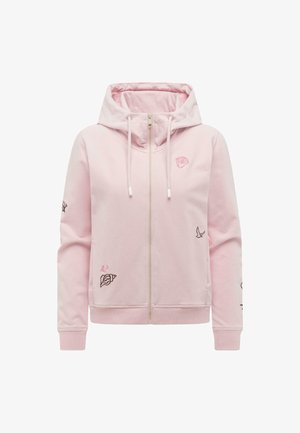 Lyserød hættetrøje med lynlås og snore, med små broderede motiver af muslinger, en fugl og koral på front og ærmer.