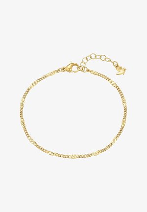 Delicado brazalete de cadena de oro con eslabones planos tipo curb, cierre de langosta y cadena de extensión ajustable que termina en un pequeño colgante en forma de corazón.