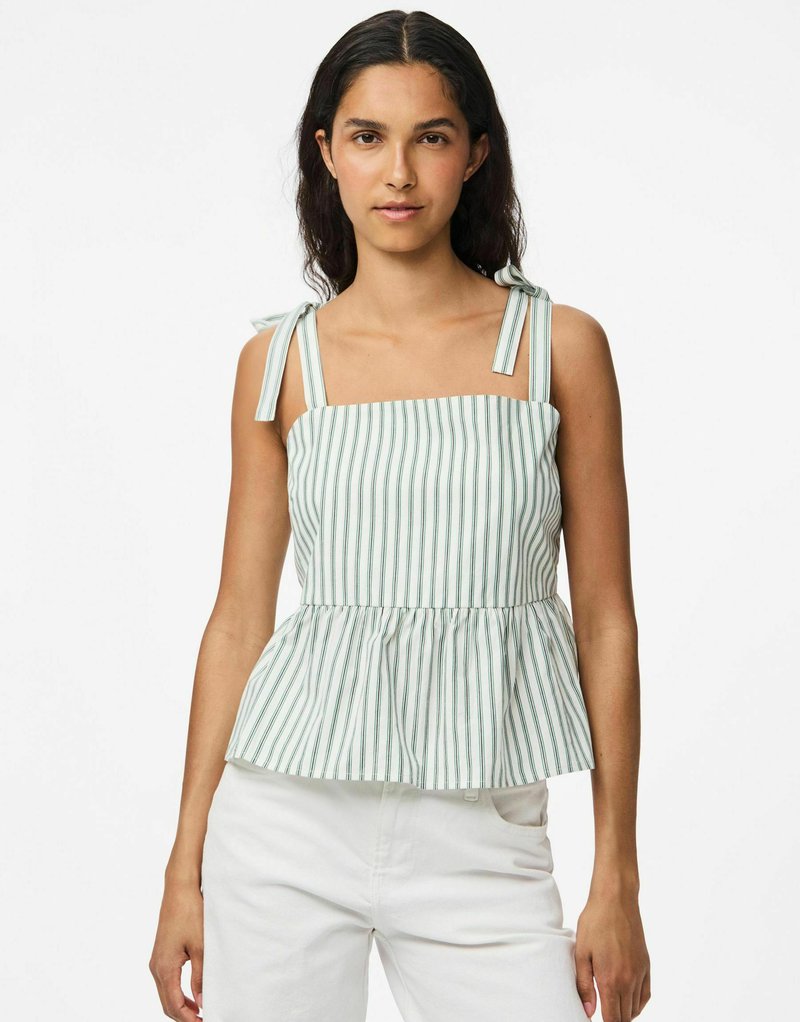 Top de peplum a rayas en algodón verde claro y blanco. Presenta escote cuadrado y tirantes con lazo. Rayas verticales y dobladillo fruncido.
