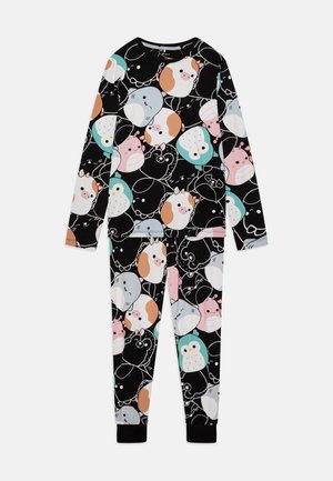 Schwarze Kinderpyjamas mit bunten Tiergesichtern in Pastellfarben, langen Ärmeln und elastischen Bündchen an den Hosen.