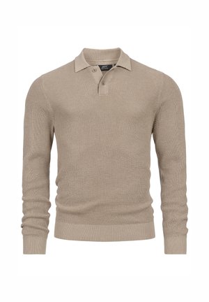 Maglione beige lavorato a maglia con collo a camicia, maniche lunghe e texture a costine. Presenta una chiusura a due bottoni e polsini aderenti.