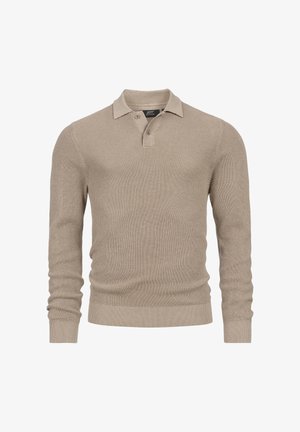 Beige gebreide sweater met een kraag, lange mouwen en een ribbeltextuur. Voorzien van een sluiting met twee knopen en smalle manchetten.