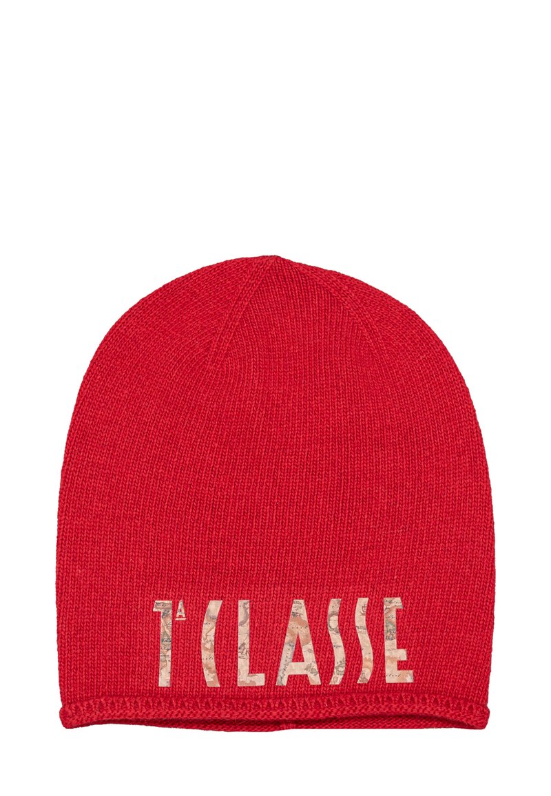 Berretto a maglia rossa con una vestibilità aderente, caratterizzato da una superficie testurizzata e un logo di colore chiaro a contrasto sulla parte anteriore.