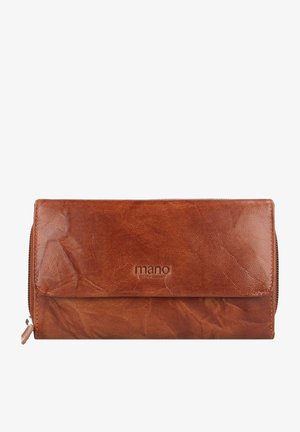 Bruine leren portemonnee met een gestructureerde afwerking, voorzien van een voorflap, een ritssluiting en een gegraveerd 'mano' logo.