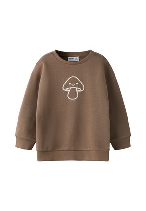 Sweat-shirt marron à manches longues avec un graphique d’un champignon blanc souriant sur la poitrine, poignets et ourlet côtelés.