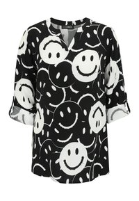 Black and white blouse with a v-neck, featuring a pattern of smiling faces. Made from soft fabric with three-quarter sleeves and roll-up cuffs.