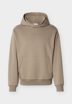 Beige hooded sweatshirt with front kangaroo pocket and subtle embossed J.LINDEBERG logo on the chest, ribbed cuffs and hem.