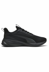Black athletic shoes with a breathable mesh upper, textured overlays, flexible rubber sole, and two pull tabs for easy wear.