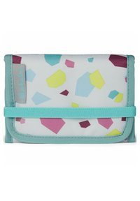 Rectangular wallet in durable fabric featuring a white background with colorful geometric patterns in pink, yellow, and blue. Teal trim.
