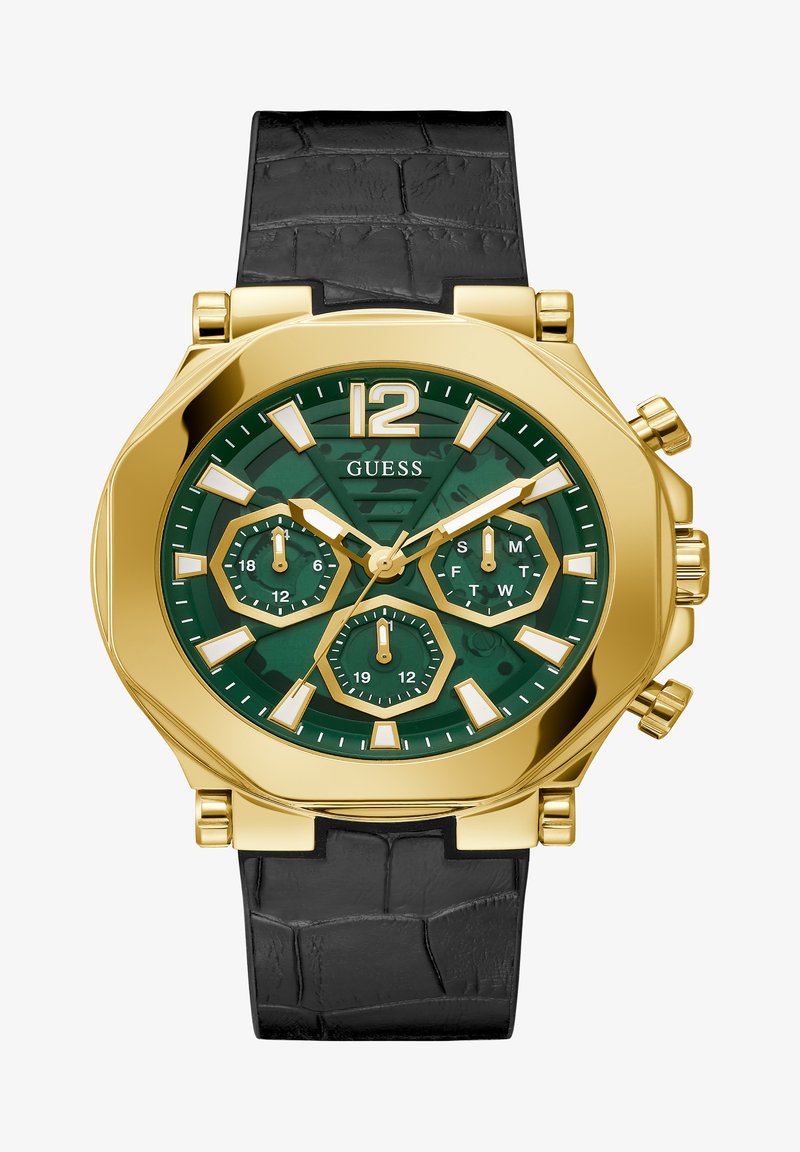 Orologio cronografo in acciaio inossidabile dorato con quadrante verde, sub-quadranti esagonali, cinturino in pelle nera effetto testurizzato e grandi indicatori numerici delle ore.