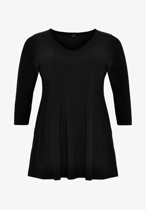Tunique noire avec des manches longues et un col en V, en tissu doux. Présente une coupe ample avec un ourlet fluide et des plis subtils.