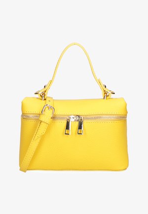 Borsa a mano in pelle gialla con manico superiore, tracolla regolabile e chiusura con doppia cerniera argento sulla parte superiore.