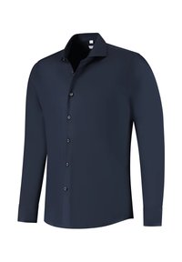 Marineblauwe lange mouwen shirt met een puntige kraag, knoopsluiting aan de voorkant en knoopmanchetten. Gemaakt van gladde stof met een getailleerd ontwerp.