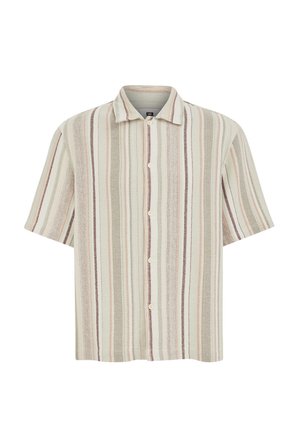 Short-sleeve button-up shirt with vertical beige, cream, and brown stripes and a pointed collar on a white background.