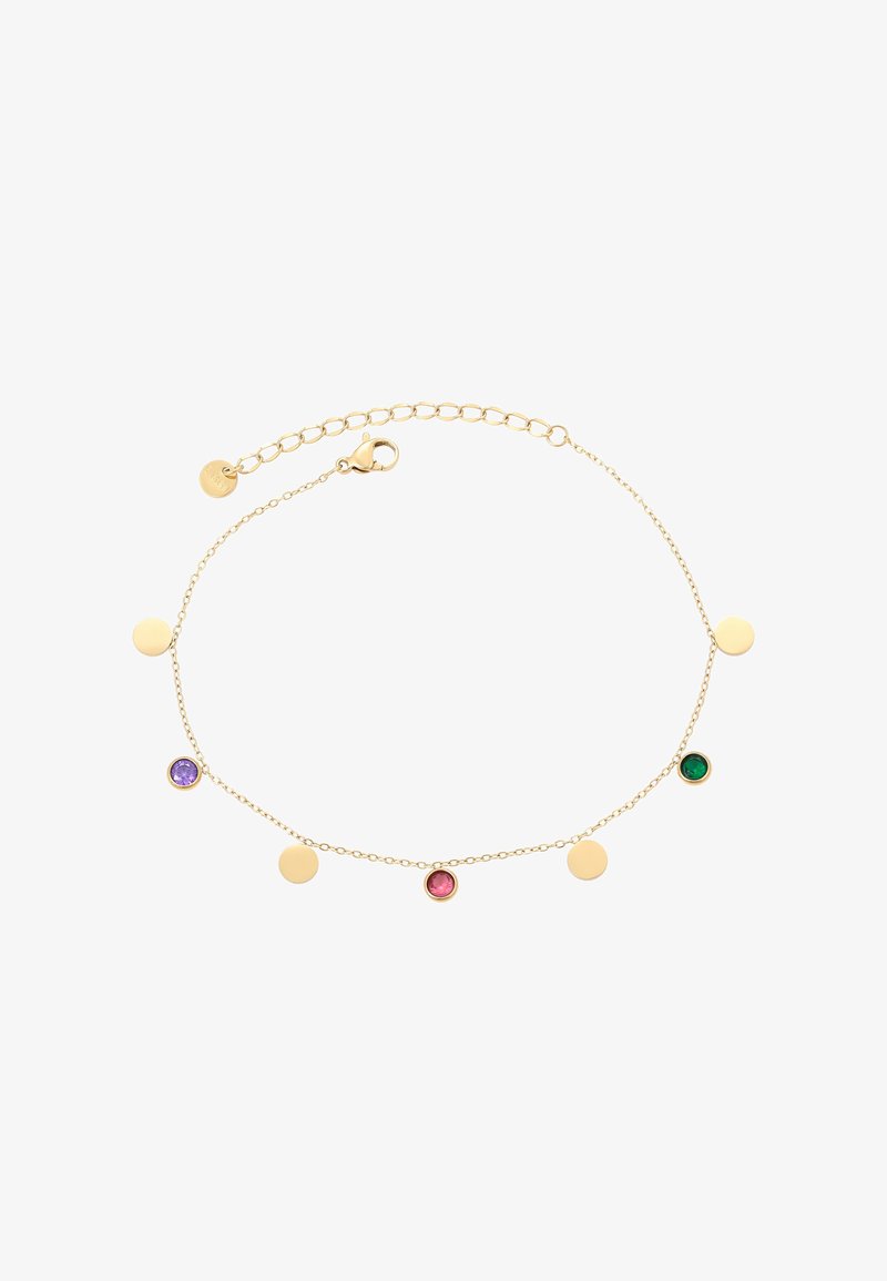 Delicate gold chain bracelet with round gold discs and three small colored gemstones in purple, pink, and green, lobster clasp closure.