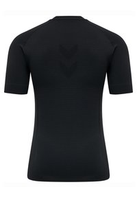 Czarna, krótko rękawowa koszulka sportowa o teksturowanym wykończeniu, z okrągłym dekoltem i subtelnym wzorem w zygzak na plecach.