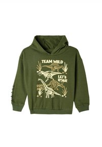 Sudadera verde con gráficos de dinosaurios y texto. El material parece suave; el diseño incluye puños acanalados y acentos laterales.