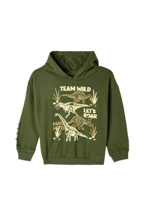 Grüne Kapuzenjacke mit Dinosauriergrafiken und Schriftzug. Das Material wirkt weich; das Design umfasst gerippte Bündchen und seitliche Akzentuierungen.