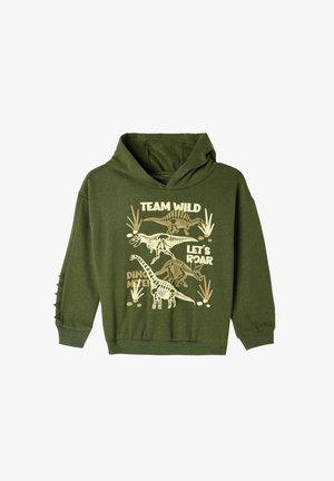 Sudadera verde con gráficos de dinosaurios y texto. El material parece suave; el diseño incluye puños acanalados y acentos laterales.