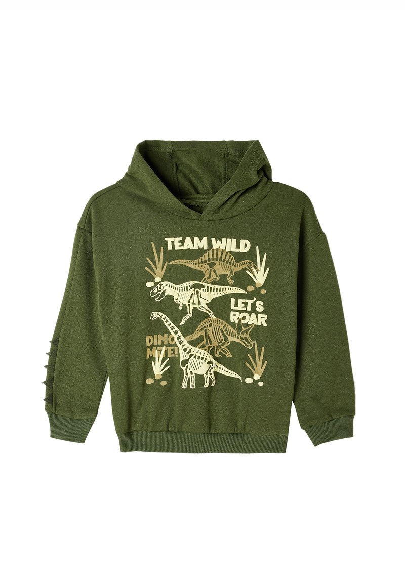 Sudadera verde con gráficos de dinosaurios y texto. El material parece suave; el diseño incluye puños acanalados y acentos laterales.