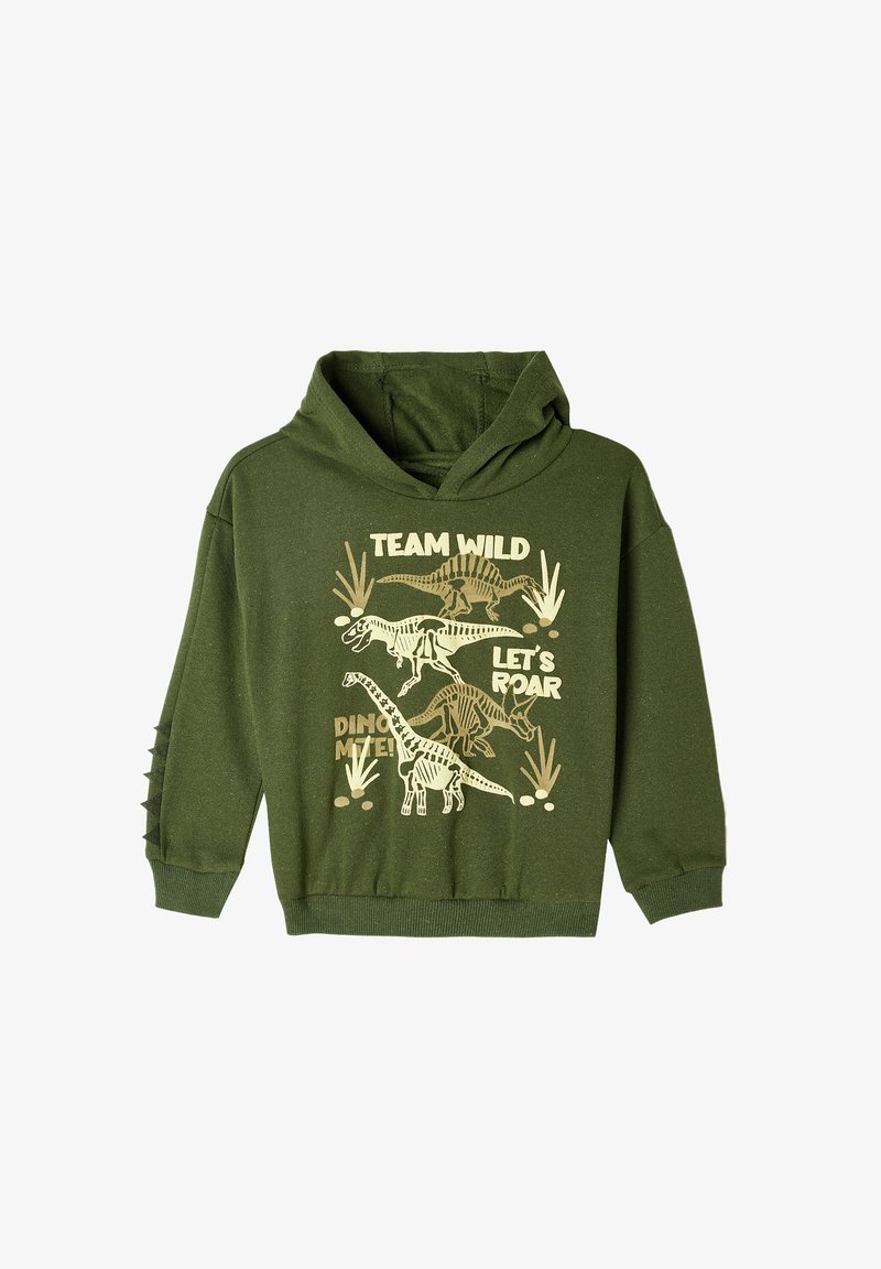 Grön hoodie med dinosaurie-grafik och text. Materialet verkar mjukt; designen inkluderar ribbade ärmslut och sidodetaljer.