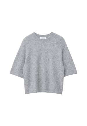 Hellgrauer, gestrickter Pullover mit kurzen Ärmeln, runder Ausschnittöffnung und lässiger Passform. Weiche Textur und minimalistisches Design ohne Muster oder Akzente.
