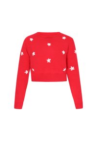Maglione corto rosso realizzato in tessuto a maglia, con motivi floreali ricamati in bianco, scollatura rotonda e polsini e orlo a coste.