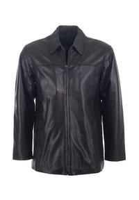 Veste en cuir noire pour homme avec fermeture éclair à l'avant et col pointu, vue de face sur fond blanc.