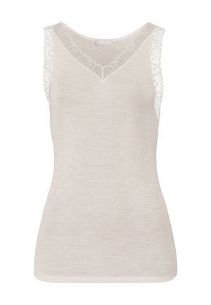 Top in beige chiaro realizzato in tessuto a coste con bordi in pizzo sulle spalle e scollatura a V. Tessuto liscio con dettagli sottili.