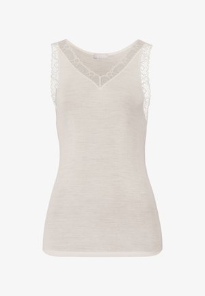 Top in beige chiaro realizzato in tessuto a coste con bordi in pizzo sulle spalle e scollatura a V. Tessuto liscio con dettagli sottili.
