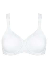 Reggiseno bianco con ferretti e coppe lisce. Presenta spalline larghe e regolabili e una fascia testurizzata. Dettagli di cucitura minimi e senza motivi.