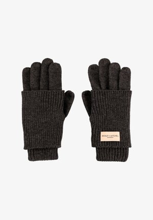 Donkergrijze gebreide handschoenen met een ribbelstructuur, open vingertoppen en een leren logo-label met de tekst "BICKLEY + MITCHELL".