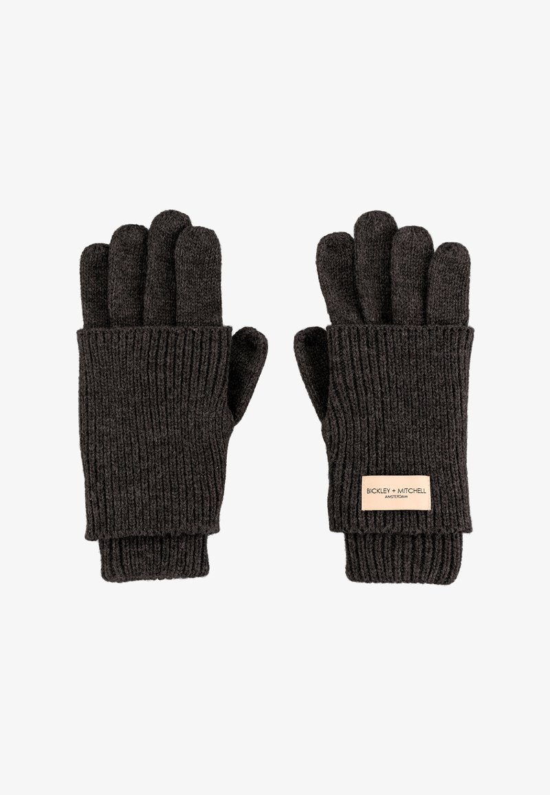 Dunkelgraue gestrickte Handschuhe mit geripptem Muster, offenen Fingertipps und einem Lederlogo-Patch mit der Aufschrift "BICKLEY + MITCHELL".