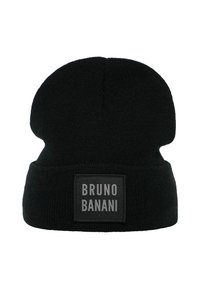Svart stickad mössa med vikbar kant. Har en rektangulär grå etikett med texten "BRUNO BANANI" i en enkel font. Mjuk textur.