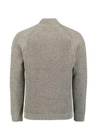 Grijze gestructureerde gebreide pullover trui met ribgebreide manchetten en zoom, met een ronde halslijn en raglanmouwen voor een ontspannen pasvorm.