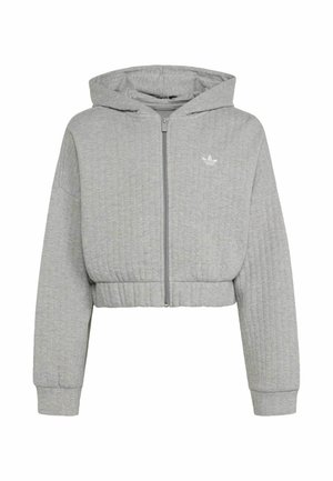 Lysegrå, quiltet cropped hættetrøje med lynlås foran og Adidas-logo på brystet, med lange ærmer og ribkant ved ærmegabene.