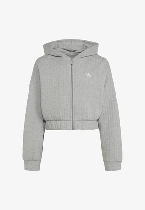 Jasnoszara, pikowana krótka bluza z kapturem z suwakiem z przodu i logo Adidas na piersi, z długimi rękawami i ściągaczami przy rękawach.