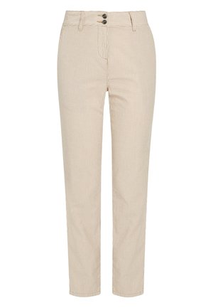 Beige skinny broek met verticale witte krijtstrepen, hoge taille, dubbele knoopsluiting en lussen voor een riem.