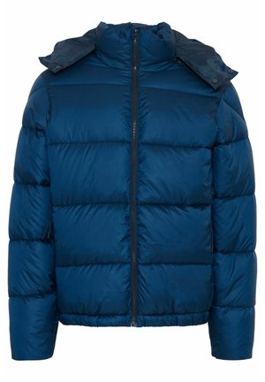 Námornícka modrá páperová bunda so zapínaním na zips, vysokým golierom a prešitým prešívaným vzorom. Obsahuje kontrastnú látku na kapucni a manžetách.