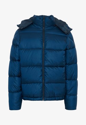 Námornícka modrá páperová bunda so zapínaním na zips, vysokým golierom a prešitým prešívaným vzorom. Obsahuje kontrastnú látku na kapucni a manžetách.